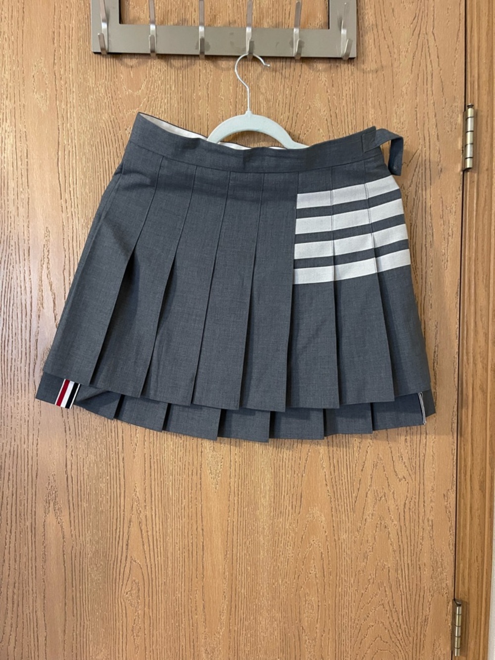 Thom Browne Gray Pleated Mini Skirt with White Stripe Accent